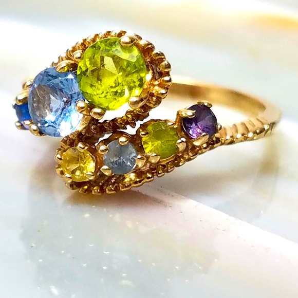 14K Yellow Gold band: Spinel, Aquamarine, Peridot, Topaz Gemstone Ring sz 8 - Picture 2 of 7